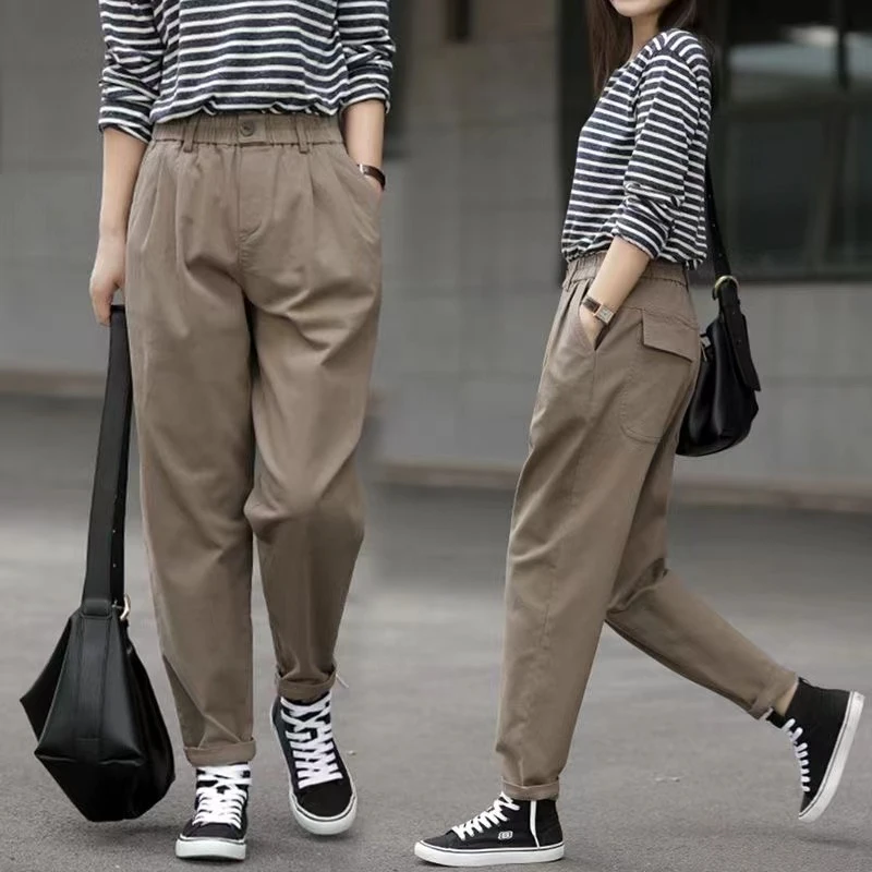 休闲阔腿裤女2025年秋季新款松紧腰百搭显瘦垂感小个子九分直筒裤