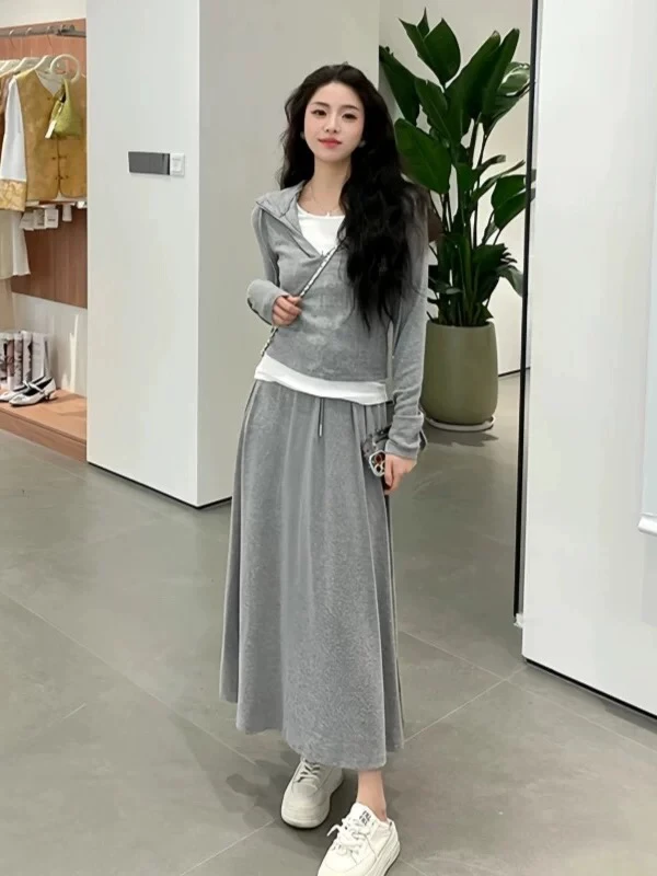 韩系假两件连帽长袖上衣女2025春季新款高腰显瘦半身裙时尚两件套