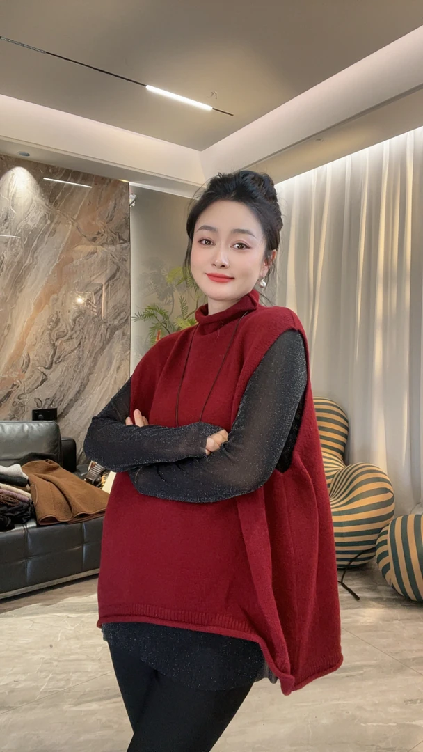 【冲姐】秋冬新款叠穿宽松韩版纯色时髦百搭高领保暖无袖针织马甲
