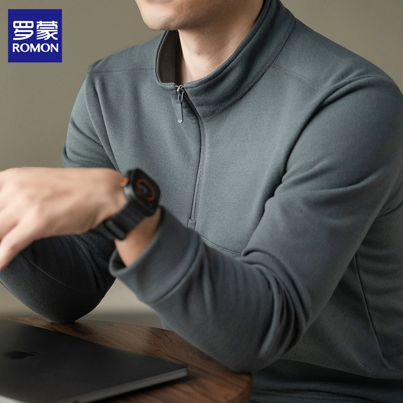 罗蒙羊绒+桑蚕丝长袖卫衣秋季男运动拉链翻领春秋立领打底衫纯色