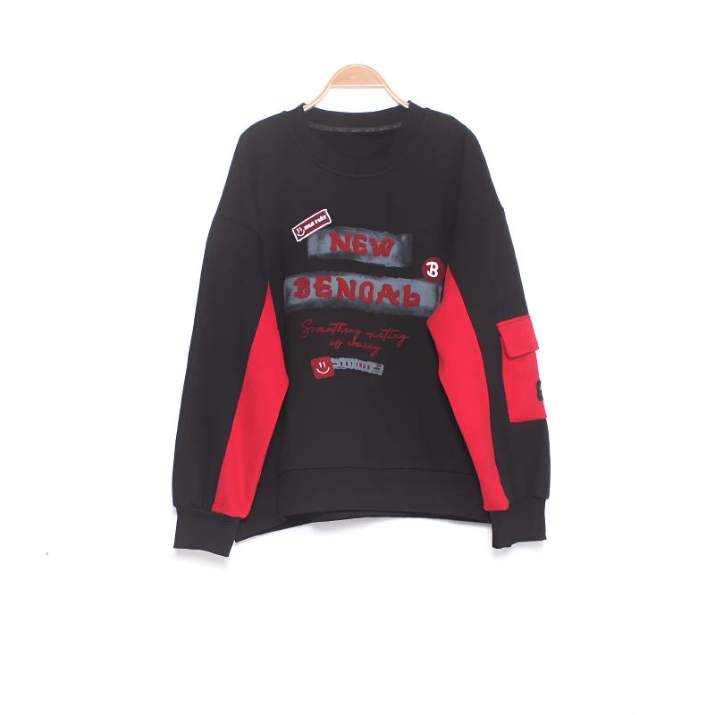 拼接印花街头风冬季撞色女士卫衣圆领长袖时尚加绒加厚大码显瘦潮