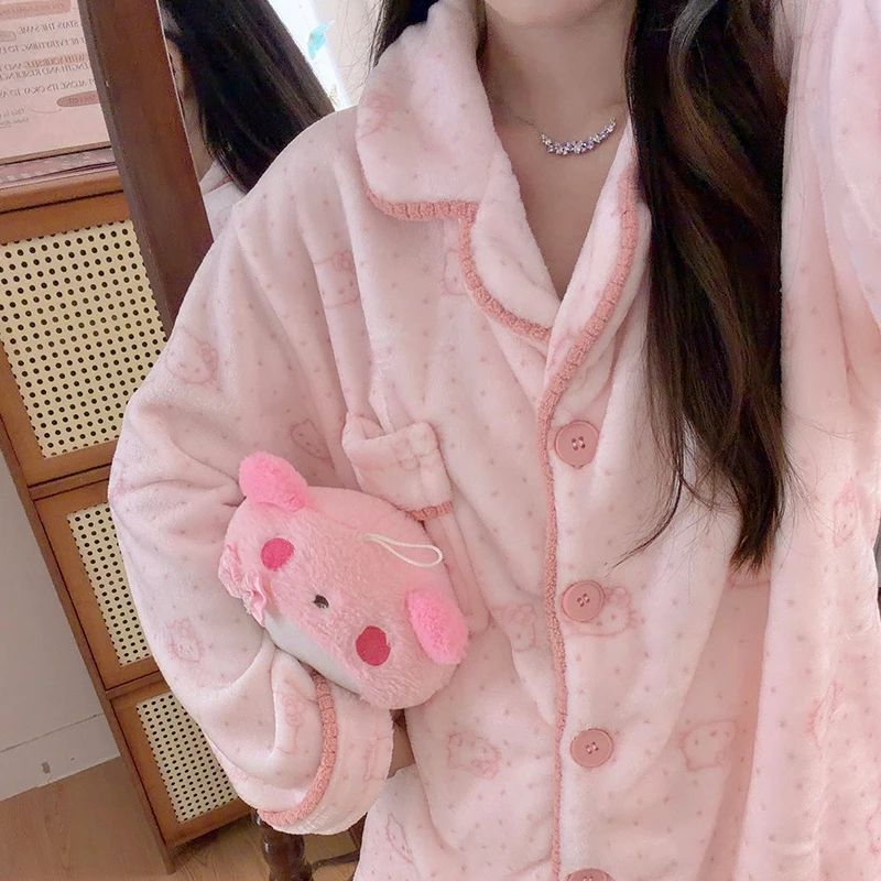 粉嫩点点kitty睡衣女法兰绒冬季长袖长裤甜妹加厚保暖家居服套装