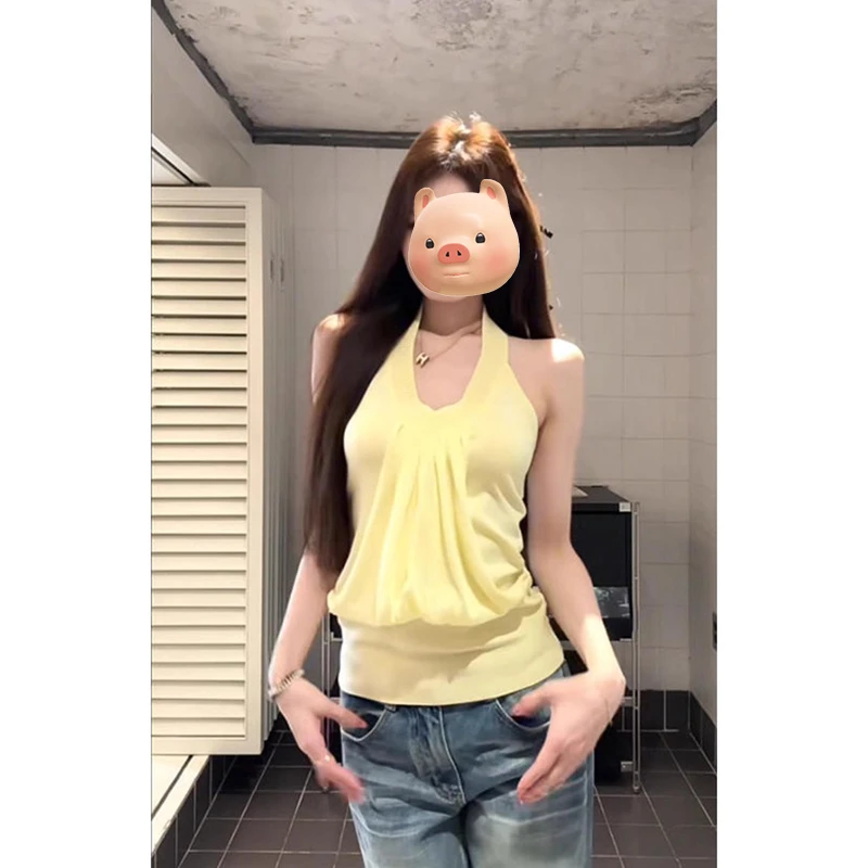多巴胺穿搭黄色V领挂脖冰丝针织吊带背心女夏季外穿修身无袖上衣