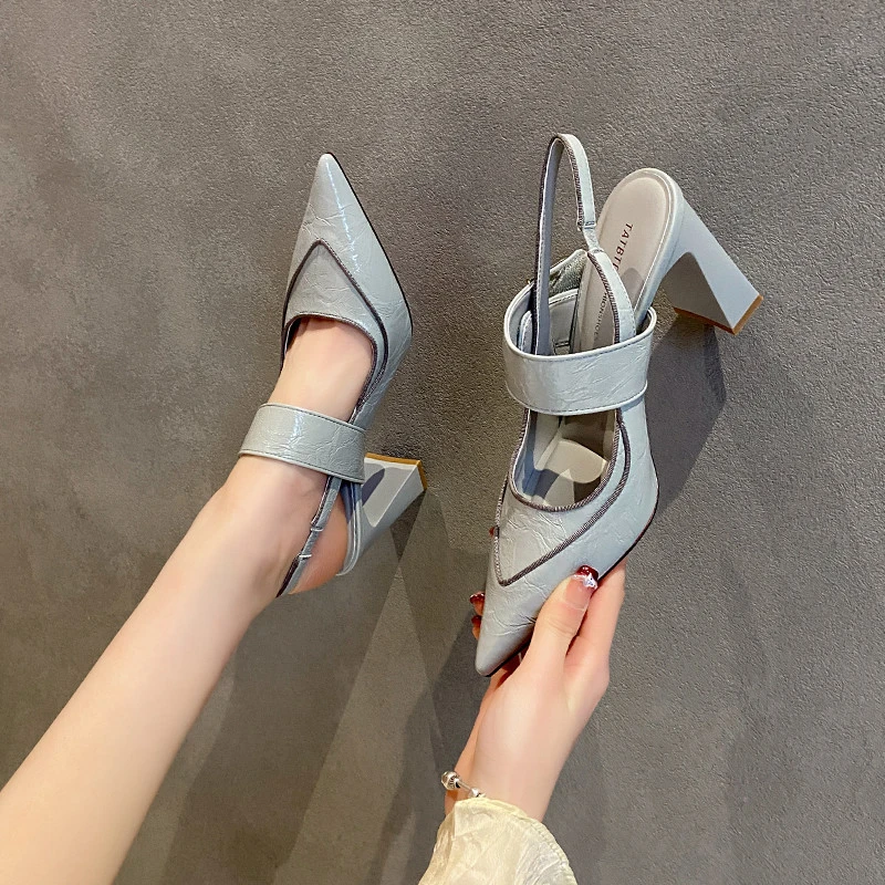 韩版2025夏季新款8高跟鞋女粗跟百搭尖头魔术贴一字带包头凉鞋