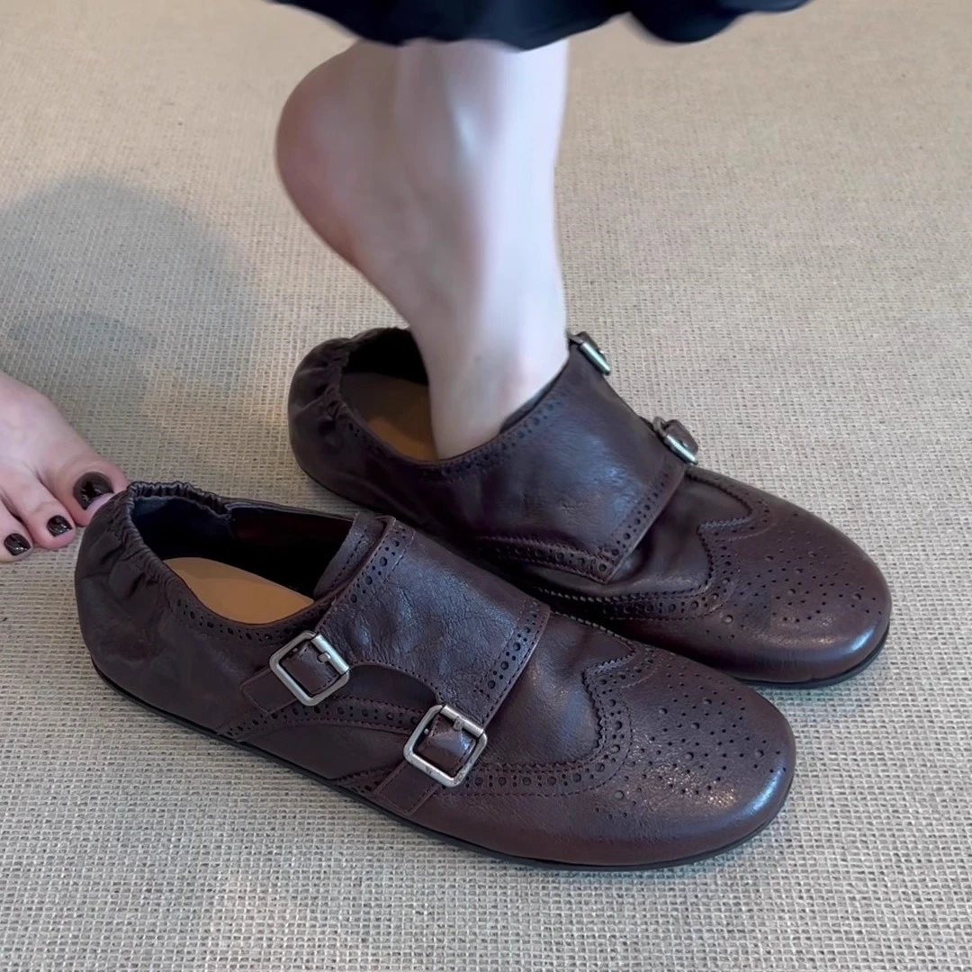 羊皮版~皮带扣擦色黑色英伦风女乐福鞋真皮软底布洛克底小女鞋