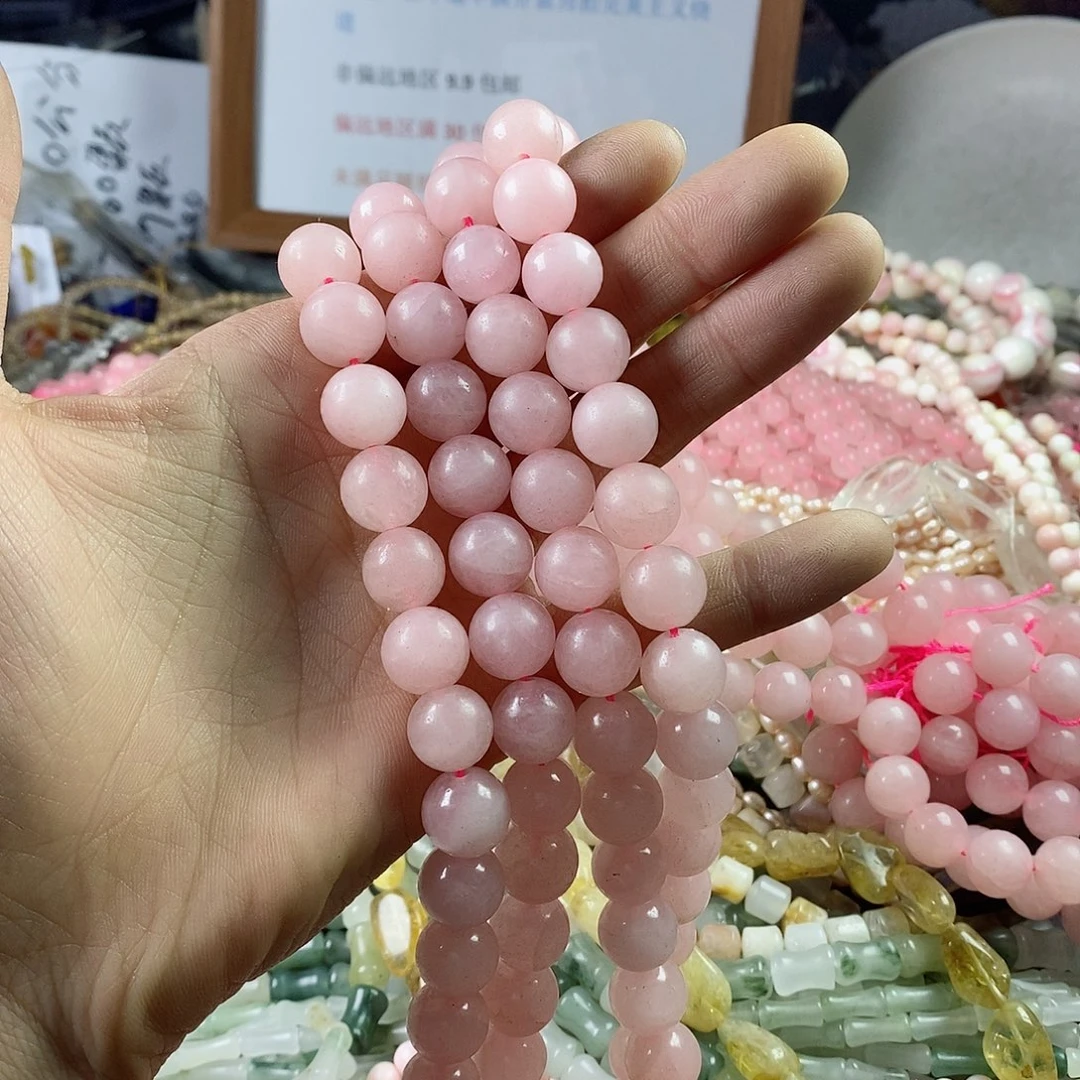 玛瑙/玉髓珠宝半成品合金一条天然12mm粉晶圆珠