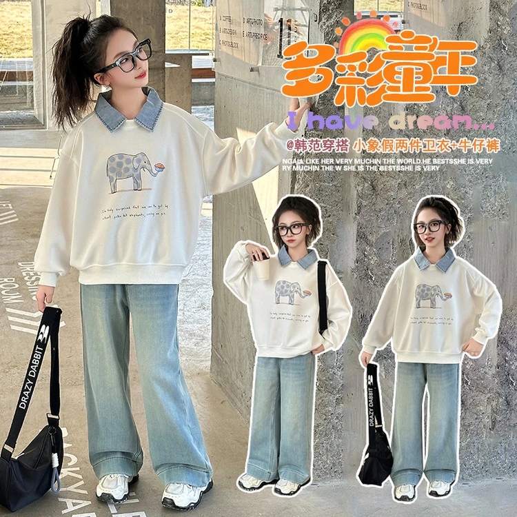 女童卫衣套装春秋季2025新款中大童POLO衫牛仔裤两件套高中生洋气