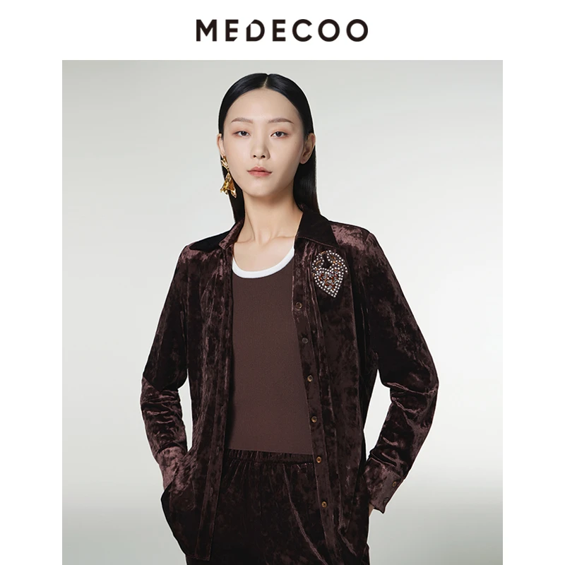 【晨粉专享价】墨蒂珂秋季新 压花丝绒钉珠长袖衬衫上衣D62203