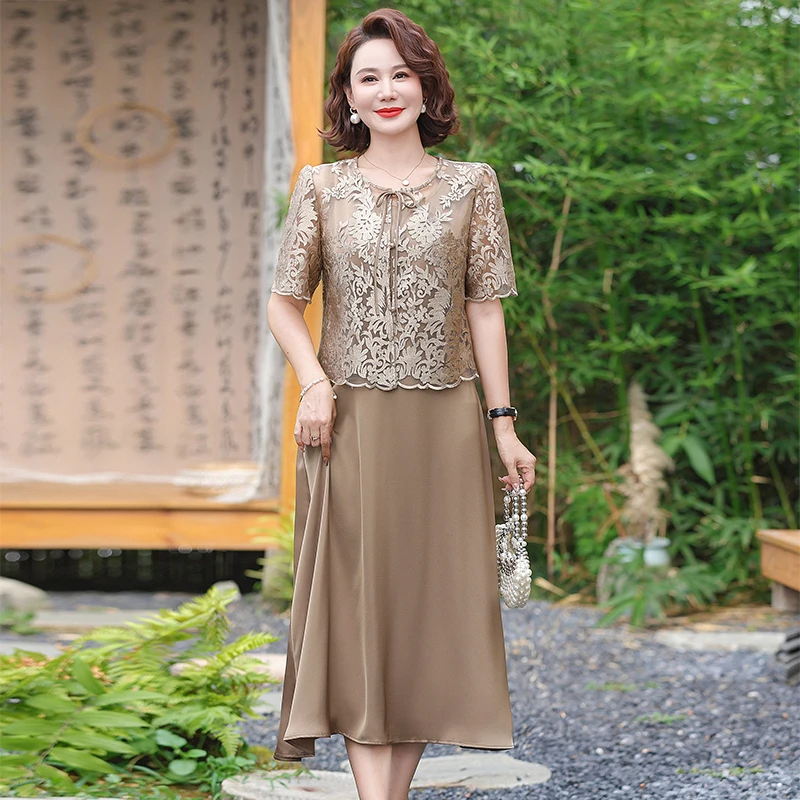 妈妈装新款夏季中长款裙子两件套洋气时尚连衣裙套装中老年气质