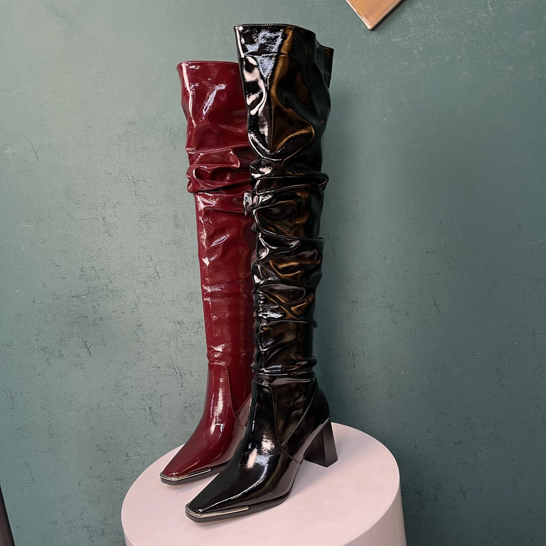 318-9新款网红版时尚女长靴高跟骑士尖头漆皮长筒粗跟女士爆款