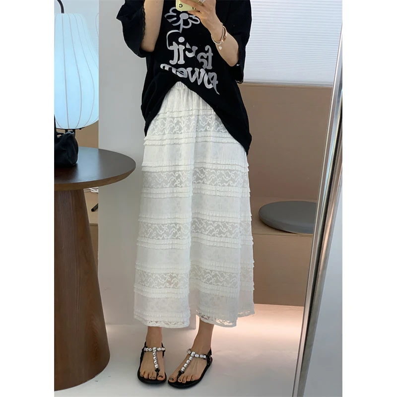 法式气质白色蕾丝半身裙女秋冬季高腰中长款直筒裙蛋糕时尚长裙子