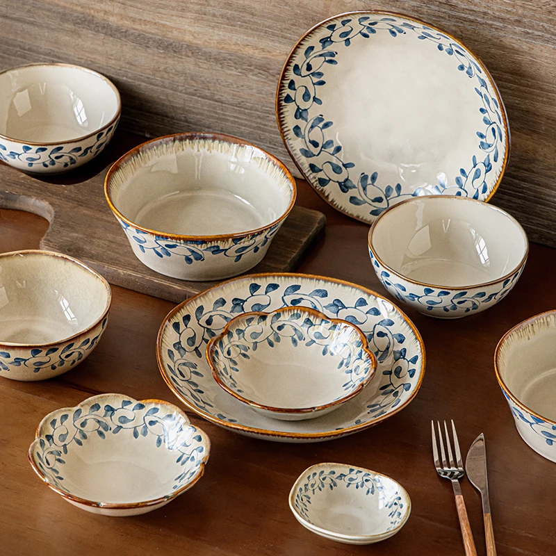 小悠家 知风草系列中古风陶瓷餐具吃饭碗碟盘组合餐厅面碗菜盘