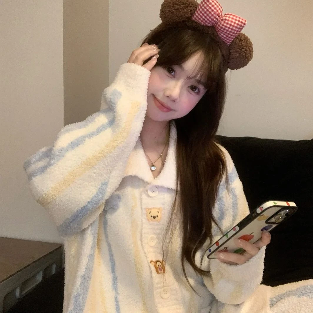 甜美卡通条纹针织半边绒睡衣女款秋冬新款加厚大码长袖长裤家居服