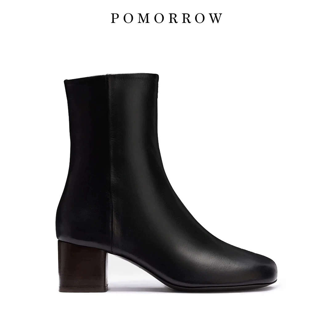 POMORROW 中跟短筒靴 超高女士单里皮靴圆方头侧拉链短靴2025新款