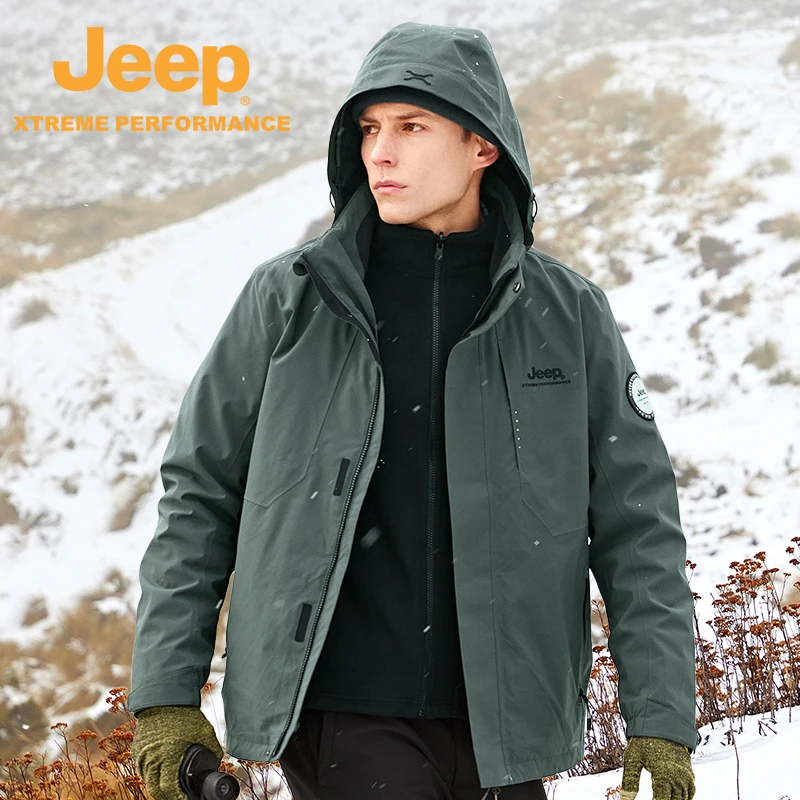 JEEP/吉普户外保暖冲锋衣登山服防水透气加厚加绒防风外套男款