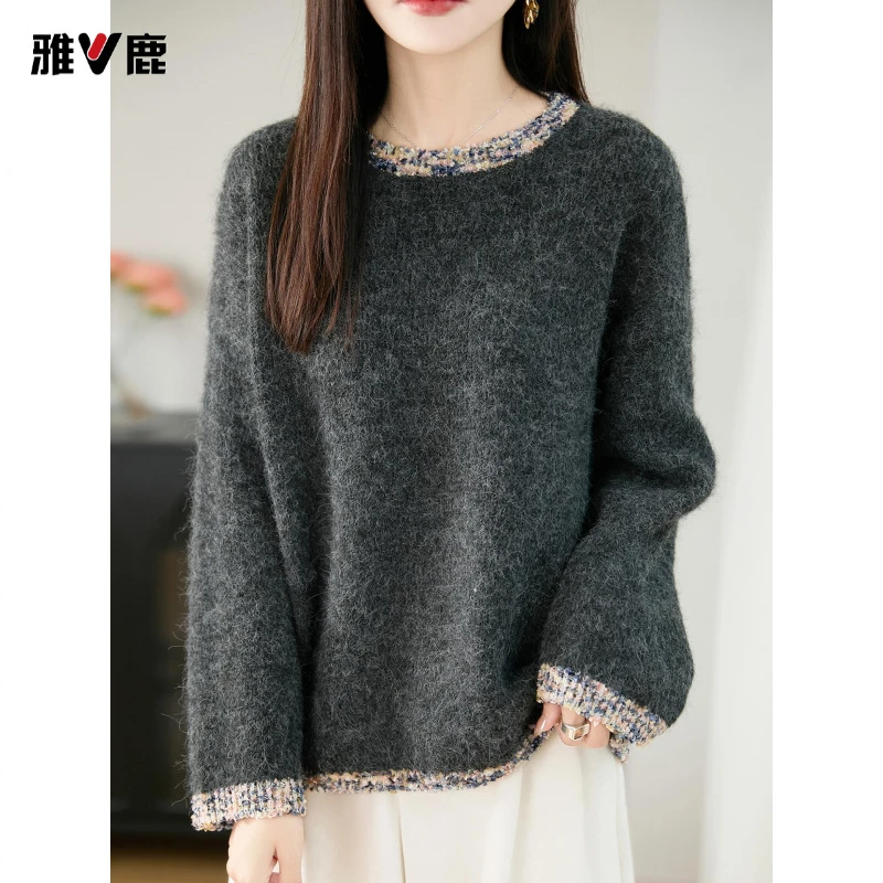雅鹿胖mm秋冬特大码女士慵懒风毛衣宽松遮肚子显瘦上衣内搭针织打