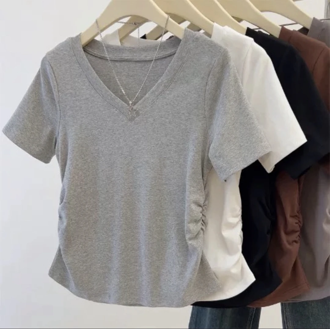 夏季V领新款小蛮腰抽皱显瘦正肩棉T