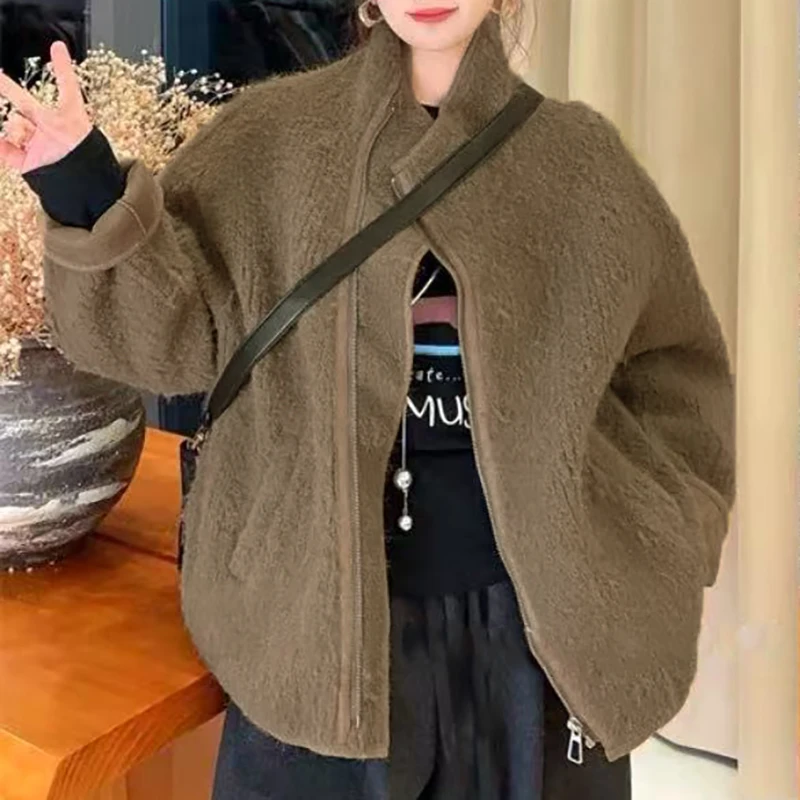 秋冬新品！女士秋冬季时尚立领皮毛一体毛呢外套E695