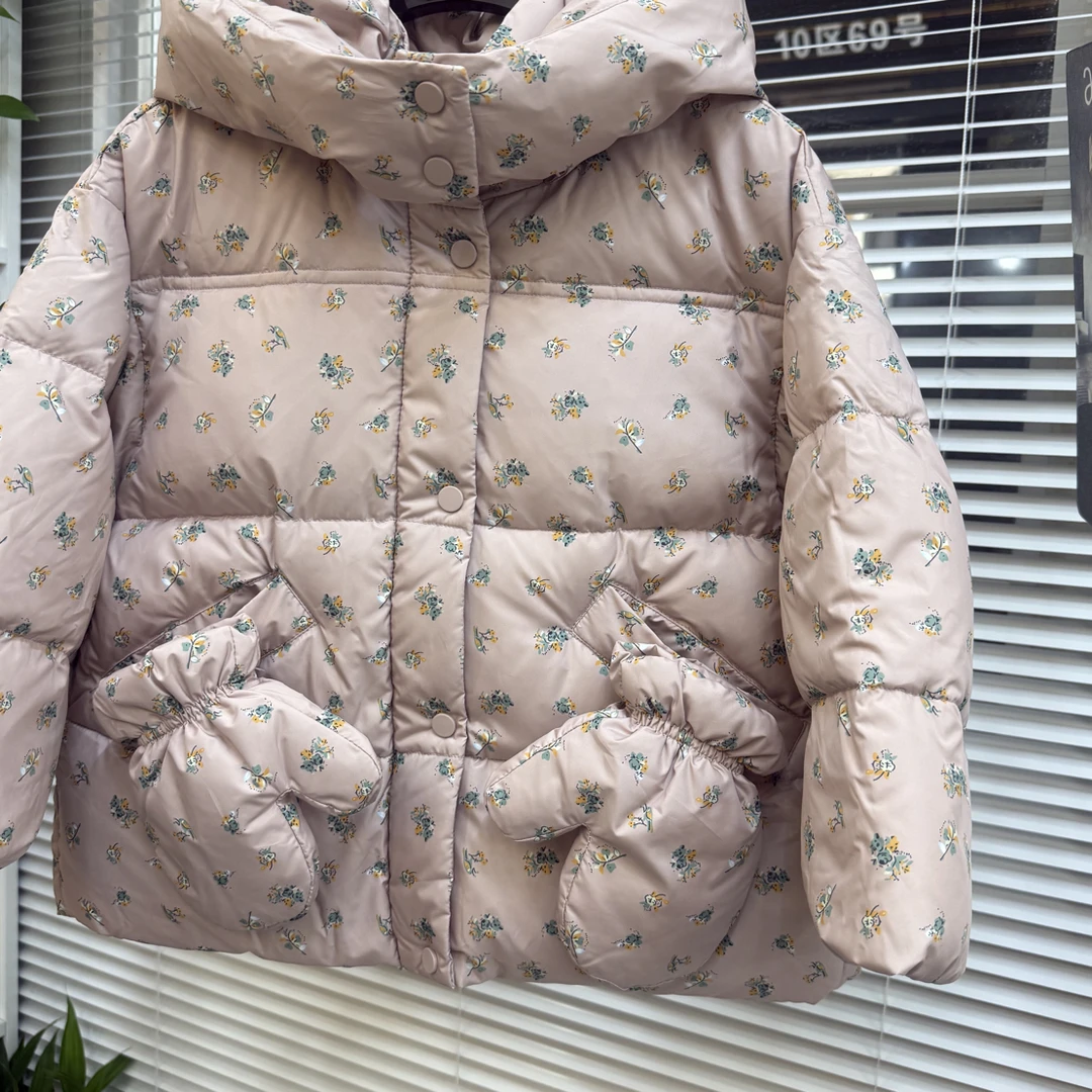 海娃娃女童小花保暖外套羽绒服女童外套90绒2025外套