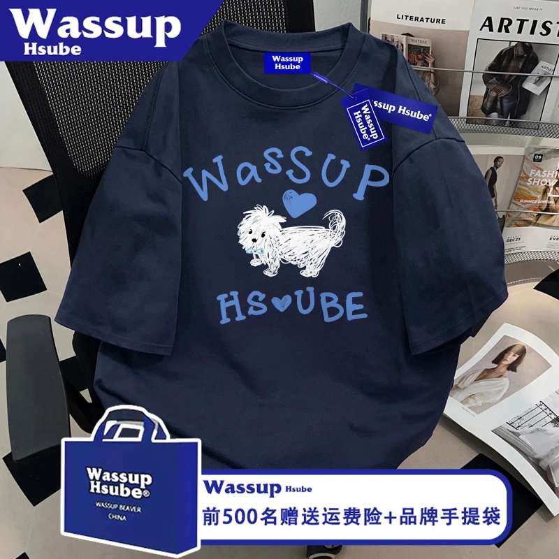 WASSUP HSUBE潮酷卡通印花男女夏季纯棉ins上衣藏青色流行短袖T恤