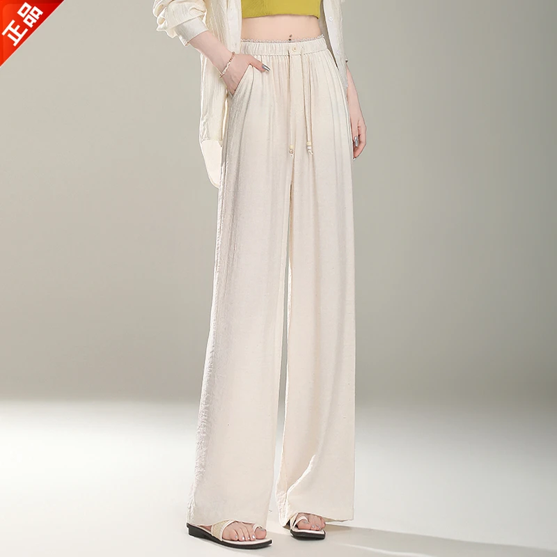 正品2025新款夏季高端亚麻冰凉感垂感直筒裤高腰窄版阔腿裤女显瘦