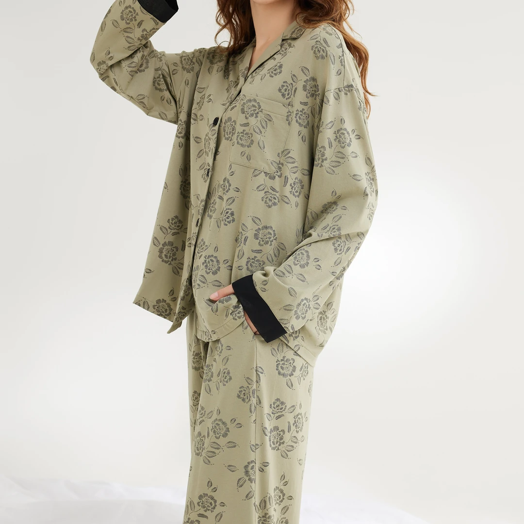 汝斯芬女士纯棉开衫长袖长裤睡衣外穿家居服舒适时尚印花套装