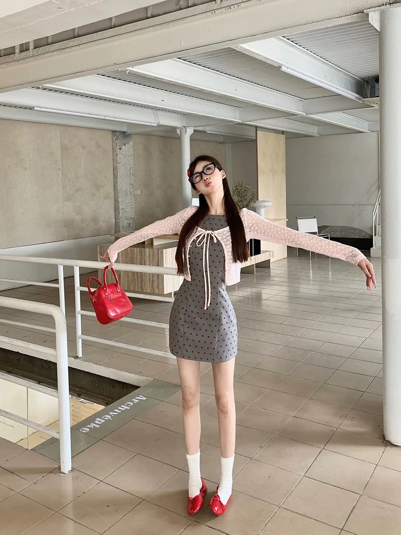 miu 系波点连衣裙春夏季女收腰背心裙无袖短款裙子