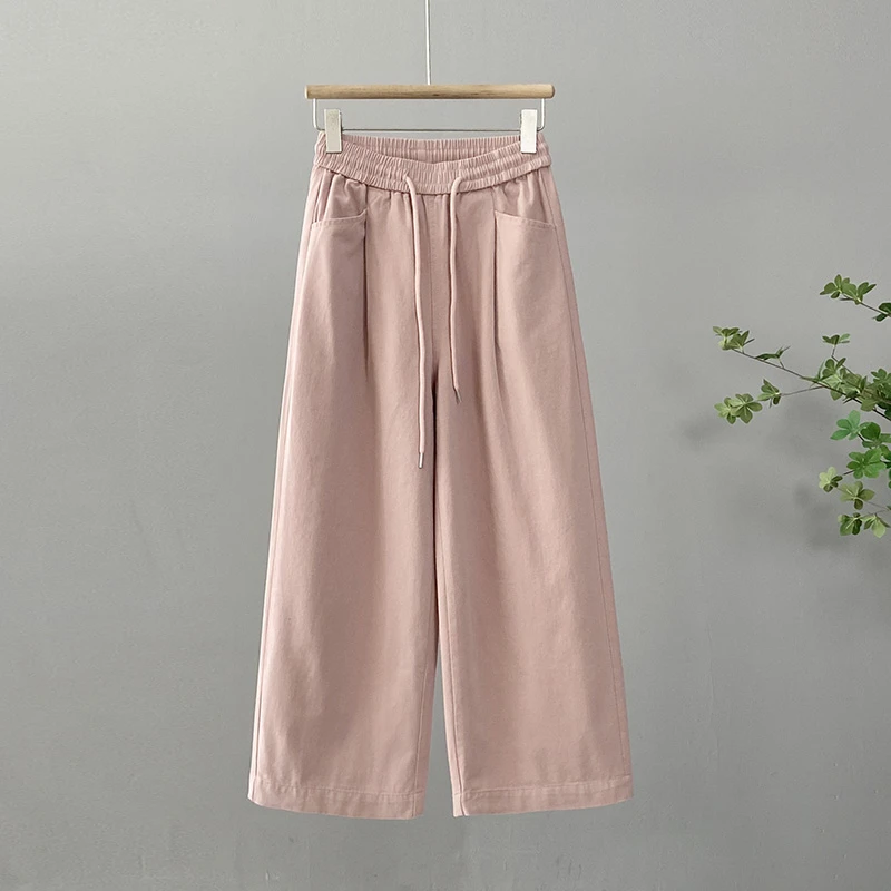 春秋新款高腰显瘦宽松大码百搭休闲裤女水洗棉阔腿裤气质直筒裤