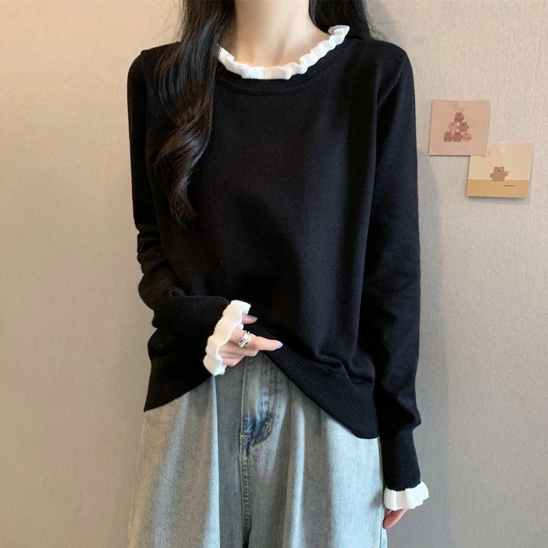 大码女装遮肚子木耳边长袖针织打底衫秋冬胖妹妹显瘦内搭花边毛衣