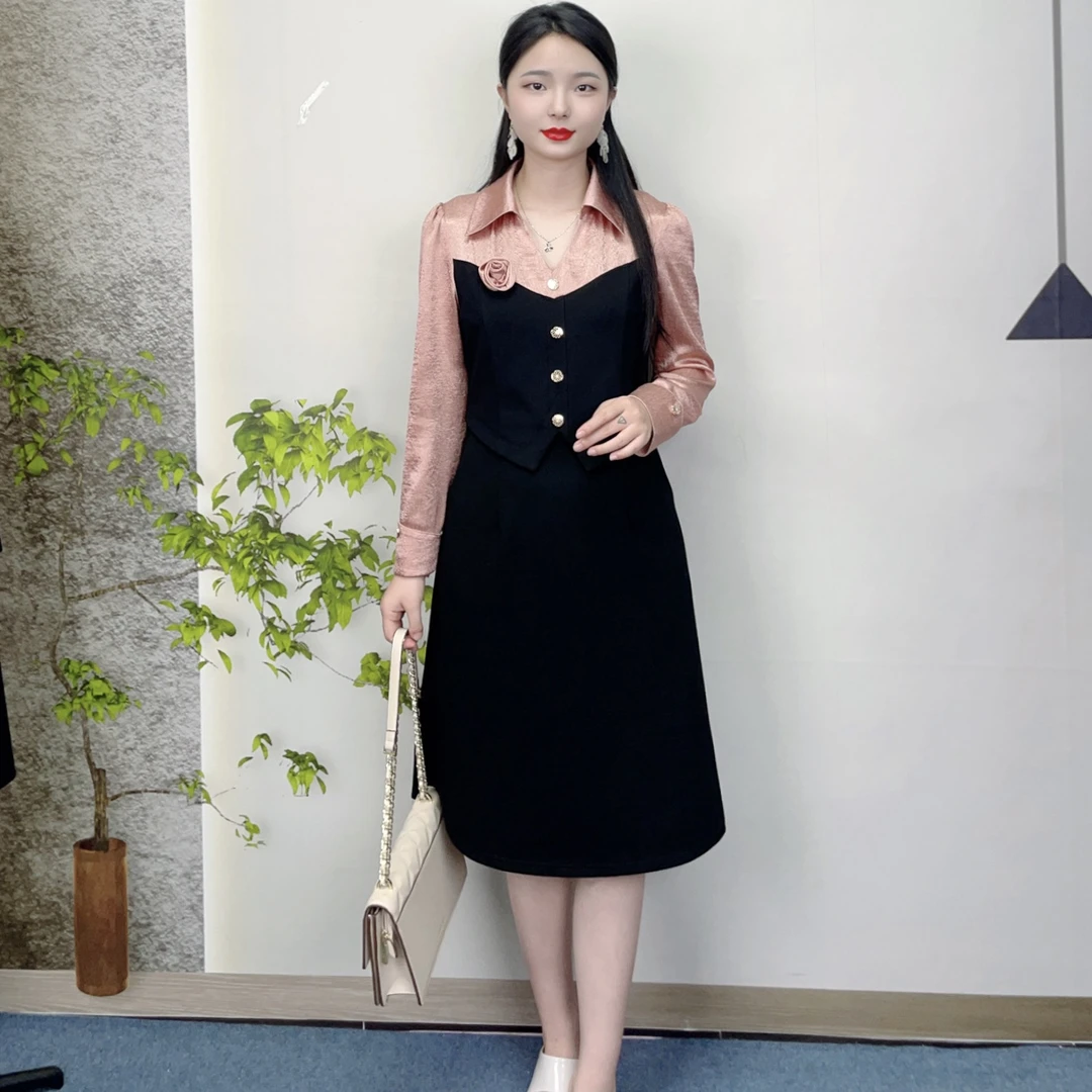 2025年春季新款时尚洋气收腰显瘦假两件减龄气质女装连衣裙