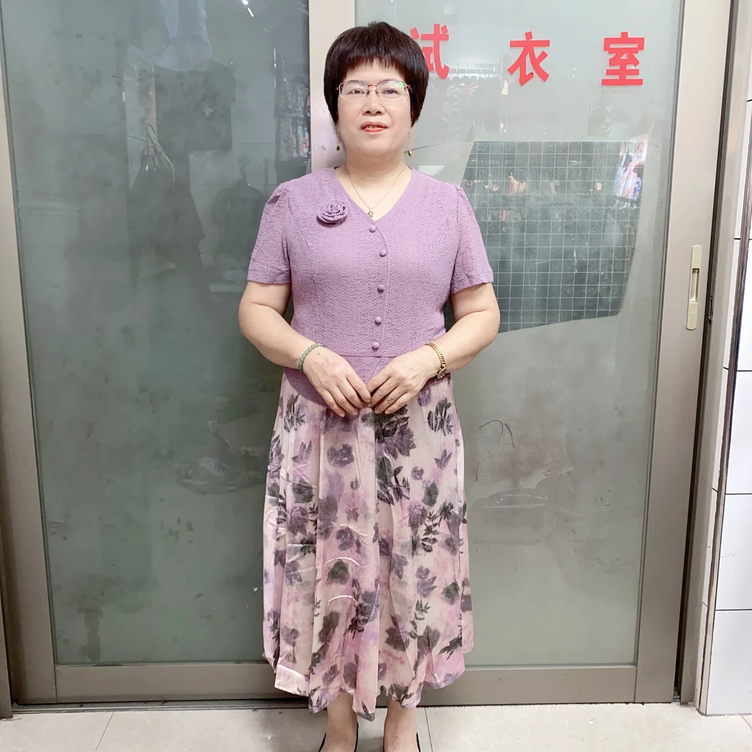 新款夏季时尚显瘦遮肚子中年女性气质假两件拼接连衣裙