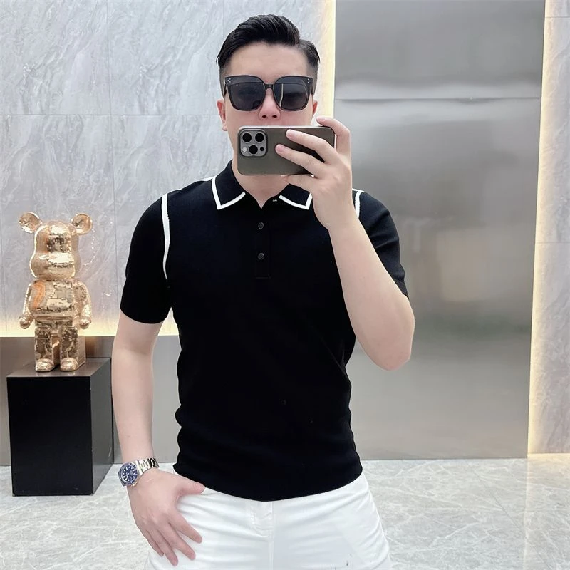夏季修身帅气百搭休闲时尚男士翻领高级感短袖针织衫