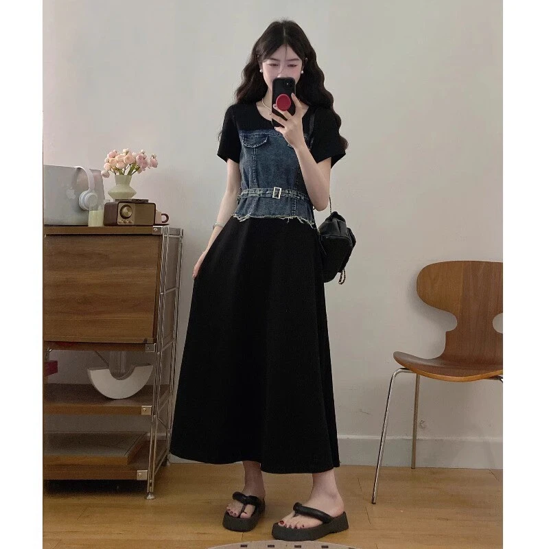大码牛仔拼接连衣裙女夏季新款胖收腰显瘦气质带腰带长裙子