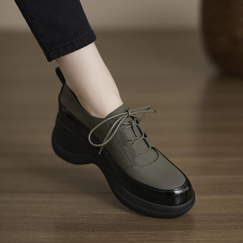 修悦女鞋6CM春季新款坡跟单鞋休闲系带小皮鞋不累脚通勤鞋圆头