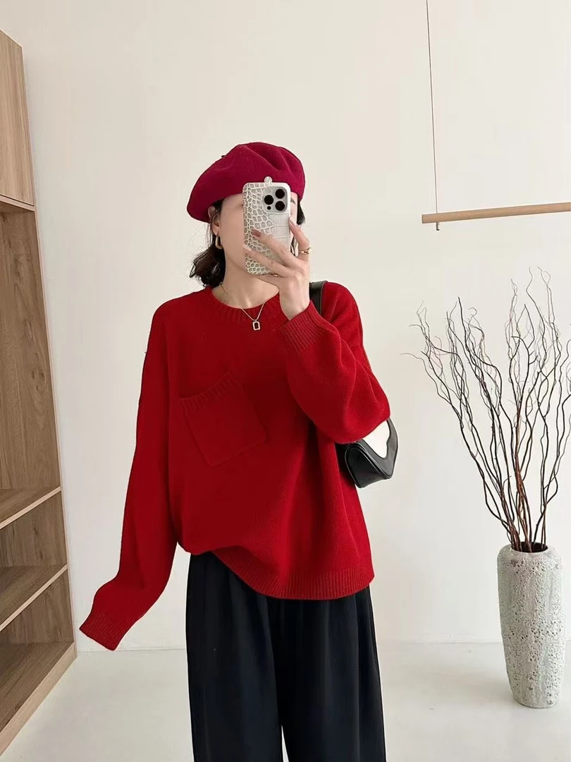 大表姐版~超高性价比！廓形斜口袋圆领针织毛衣9741