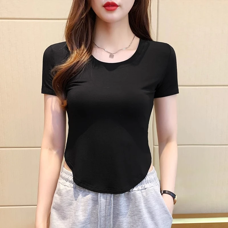 黑色莫代尔短袖t恤女2025夏季新款冰丝百搭弧形下摆修身短款上衣