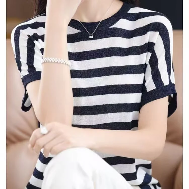 100%桑蚕丝 短袖女夏季薄款圆领洋气T恤打底衫宽松上衣7321