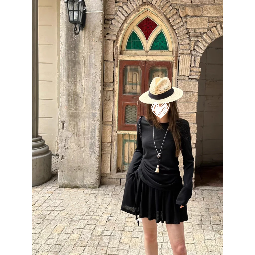 简约休闲针织圆领长袖T恤镂空防晒上衣短裙裤套装