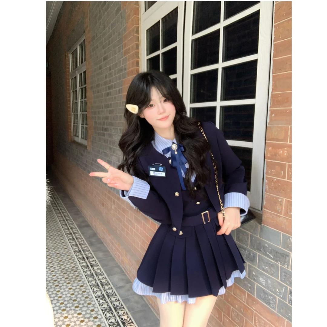 洛斯学院 早秋jk制服假两件百褶连衣裙西装外套学院风套装