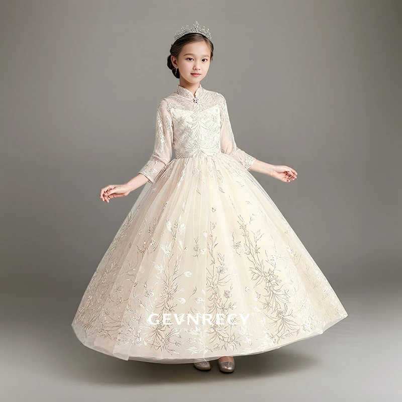 女童新中式礼服裙高端国潮立领花童生日公主裙小女孩女童礼服