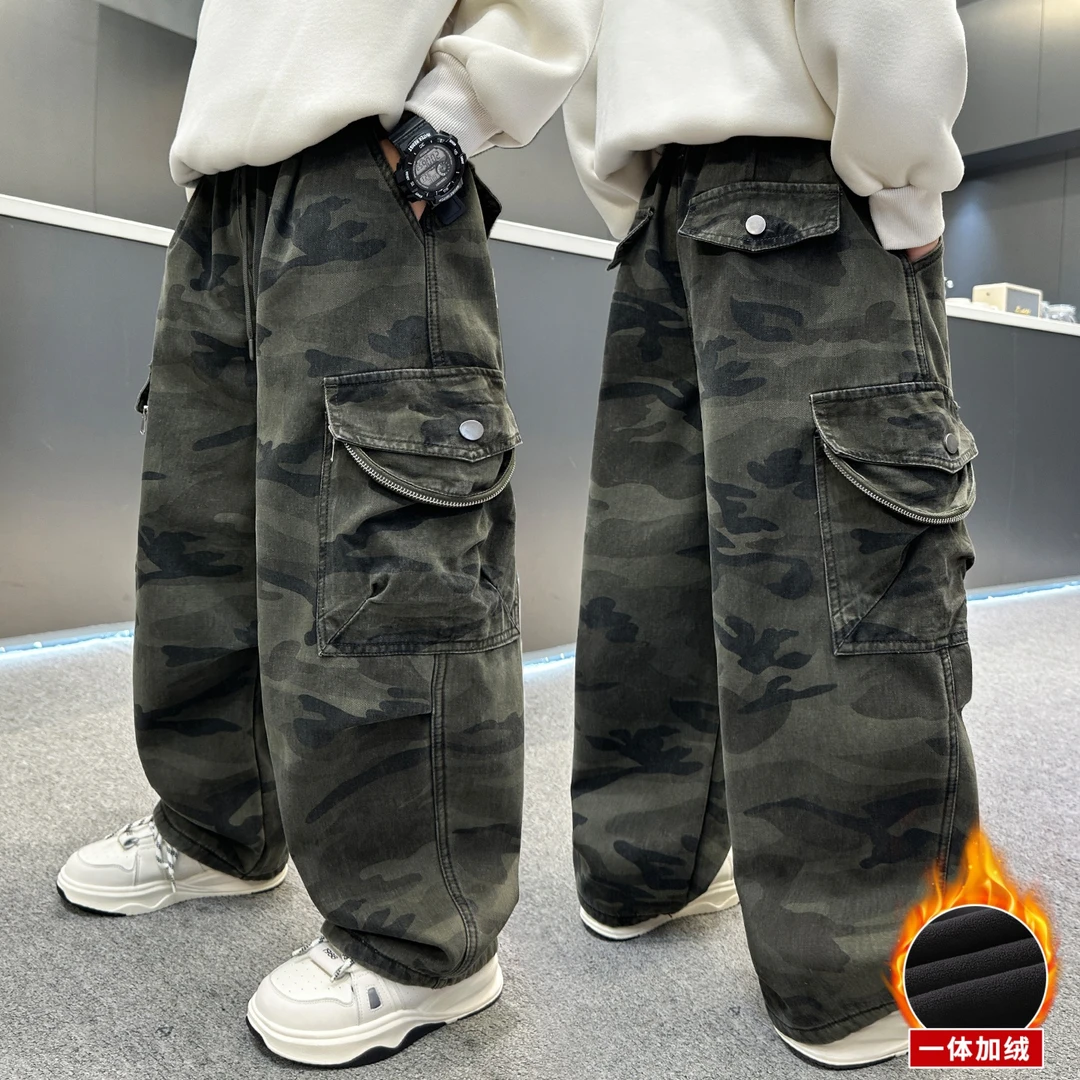 男童迷彩一体绒工装裤2025新款秋冬款儿童加绒加厚中大童休闲裤