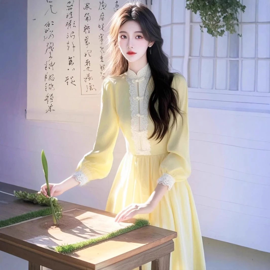 2025早春新款气质名媛高级感超好看爆款黄色连衣裙收腰内搭裙子女