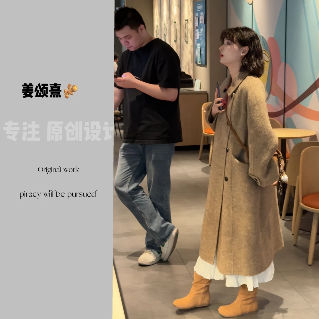女士百搭韩版秋冬气质法式小香风宽松简约时尚长款羊毛大衣 5518