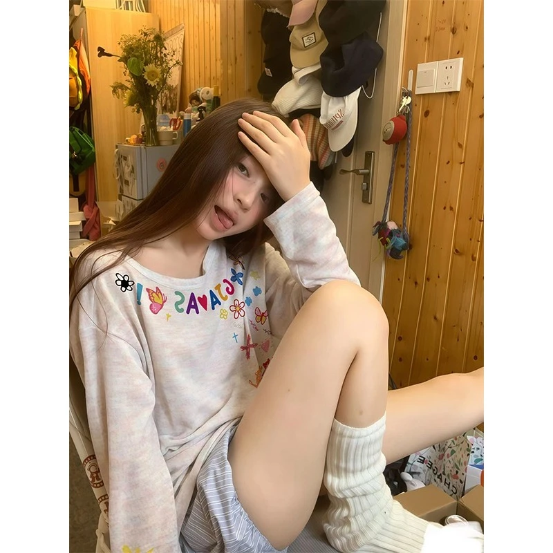 夏季露肩纯欲慵懒风印花防晒罩衫褶皱显瘦设计户外长袖t恤女