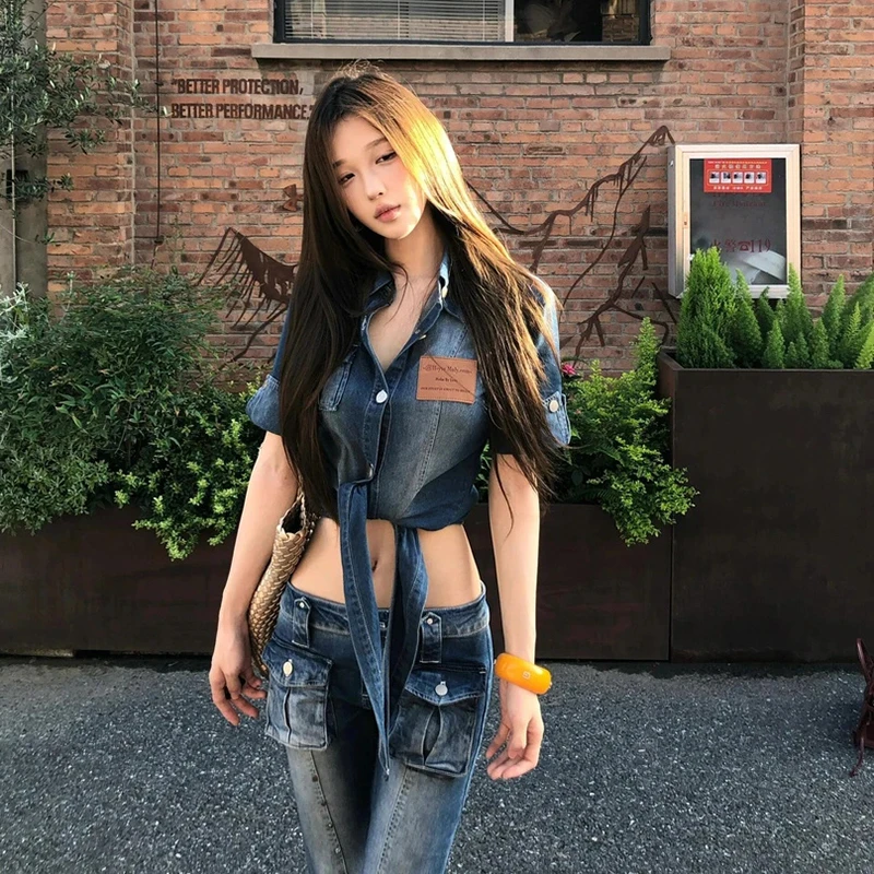 下摆绑带柔软薄洗水牛仔短袖衬衫收腰短款上衣女夏新款显瘦牛仔裤