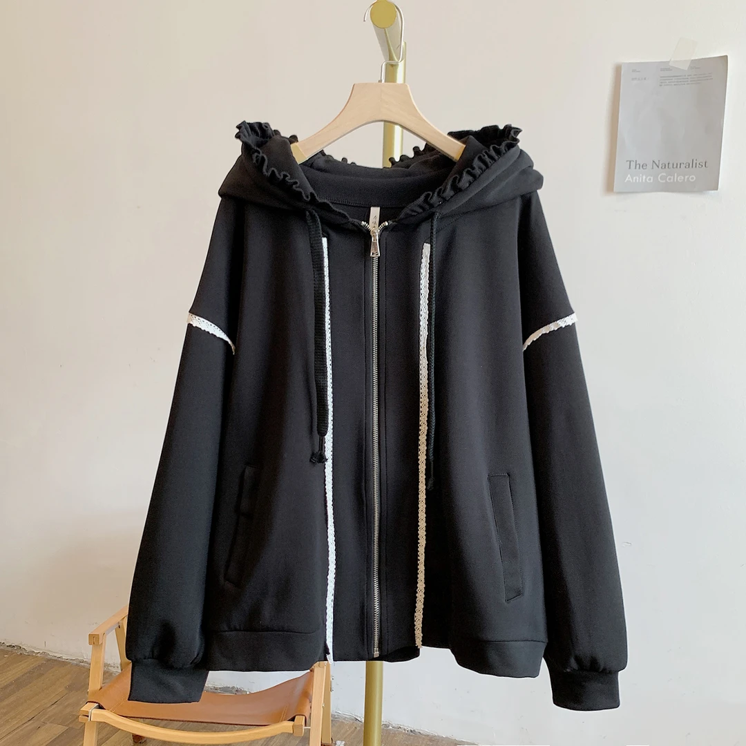 对我动心C4663蕾丝边拉链抽绳连帽卫衣外套