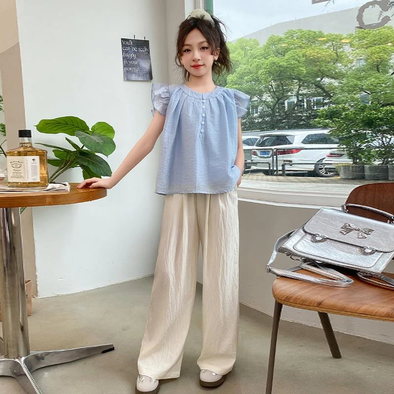 女童夏季套装2024新款儿童洋气飞袖娃娃衫中大童薄款防蚊裤两件套