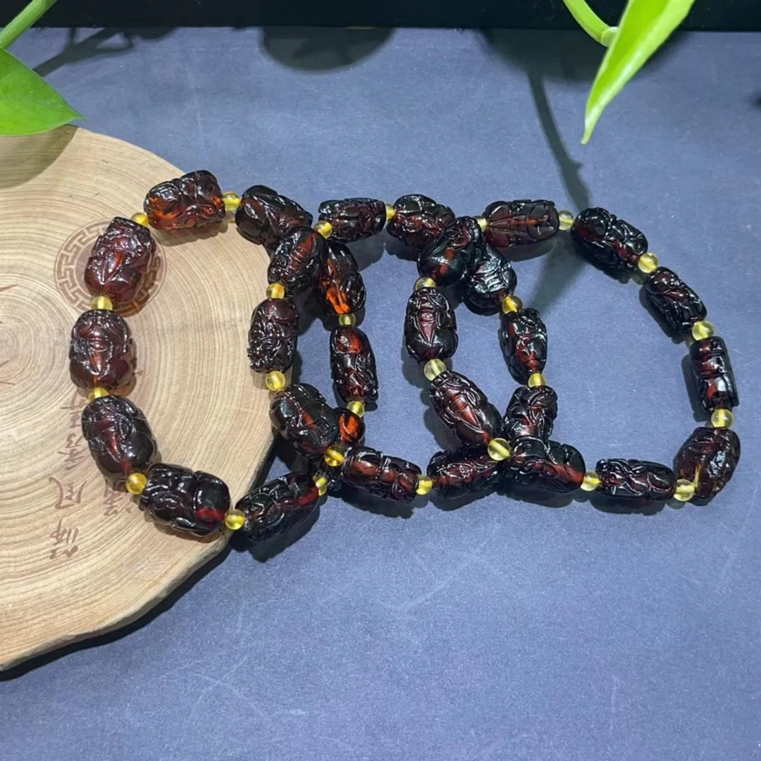 M2178-琥珀红天血灵珀隔珠金珀貔貅手串-中号-多样性发一件