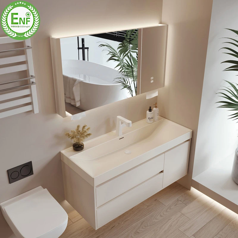 安苒卫浴【鎏金石浴室柜组合】ENF级板材奶油风海洋盆一体盆洗手台