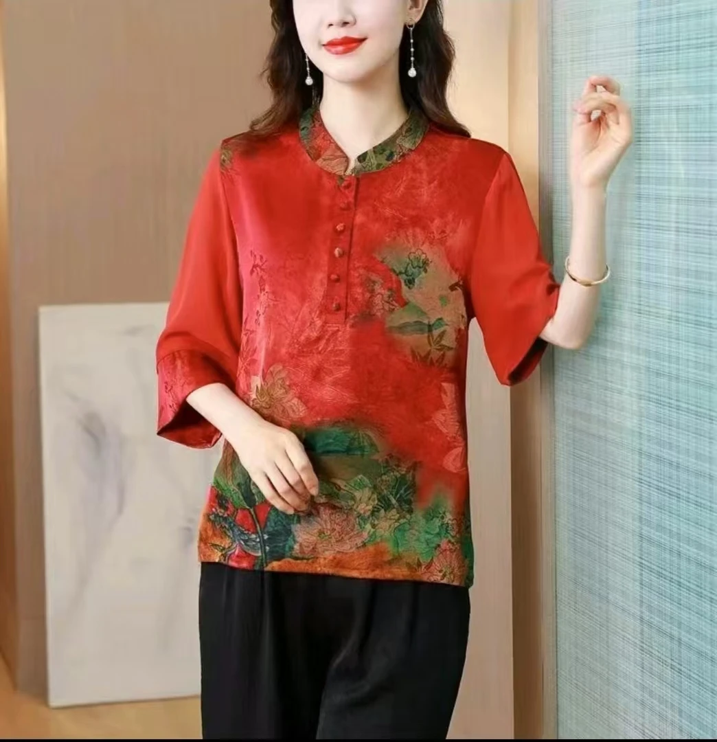 6195-新中式国风七分袖印花衬衫新款妈妈春装高端上衣